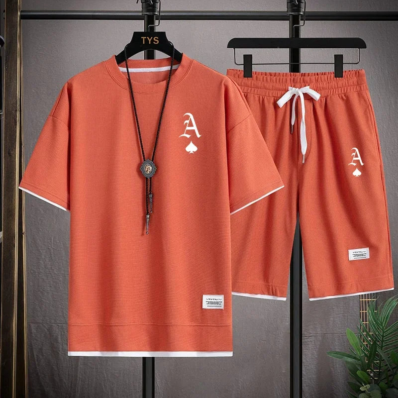 Set A stylish and casual men's sportswear set of short-sleeved T-shirt and summer sportswear shorts, a two-piece set for daily casua - Ellianto fashion Men's