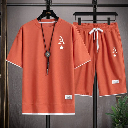 Set A stylish and casual men's sportswear set of short-sleeved T-shirt and summer sportswear shorts, a two-piece set for daily casua - Ellianto fashion Men's