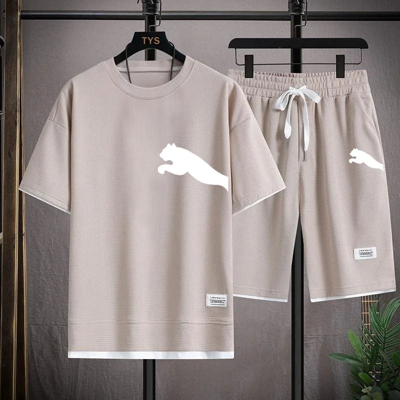 Set 2025 new casual sportswear for men summer two-piece clothing short-sleeved round neck and shorts two fashionable clothes - Ellianto fashion Men's