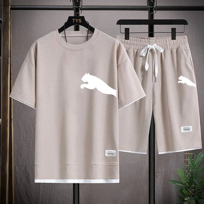 Set 2025 new casual sportswear for men summer two-piece clothing short-sleeved round neck and shorts two fashionable clothes - Ellianto fashion Men's