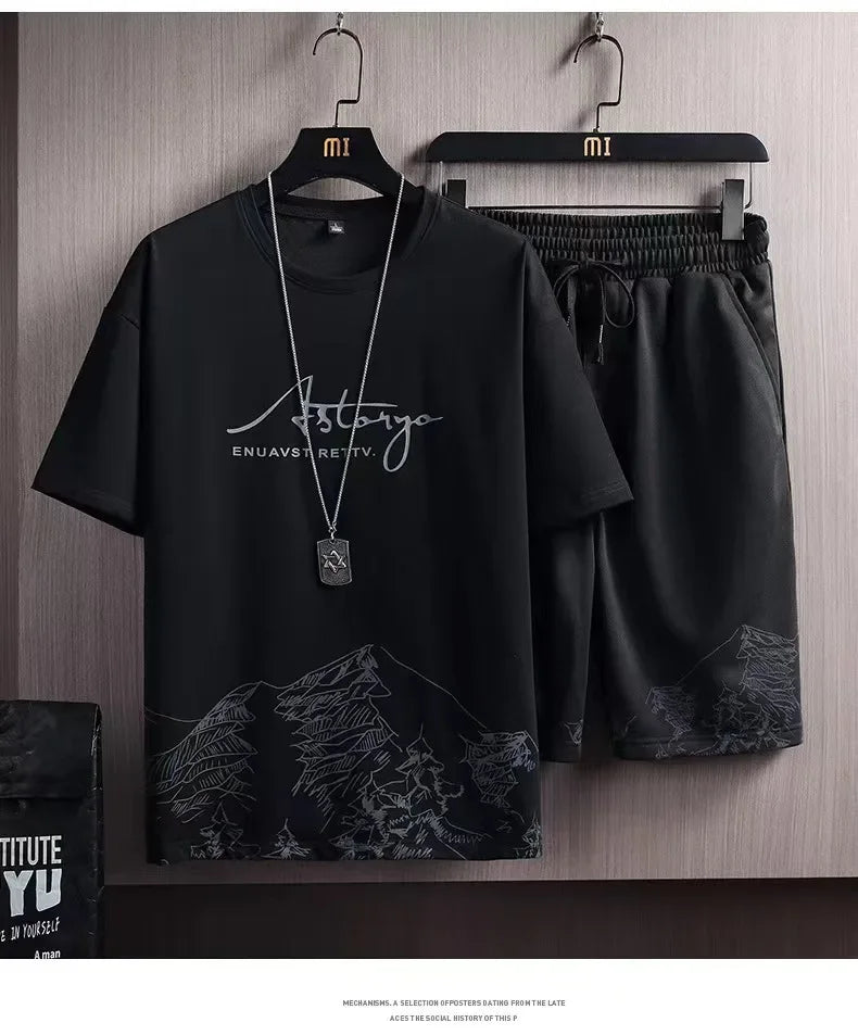 Men's Ice Silk Short Sleeve T-Shirt Suit Summer New Digital Printing Fashionable Korean Style Slims Smooths Your Silhouette Spor - Ellianto fashion Men's