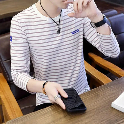 T Shirts for Men Stripe Tops Red Cotton Male Clothes Round Neck Harajuku Fashion Sale High Brand Regular Fit It Full Sleeve Tee - Ellianto fashion Men's