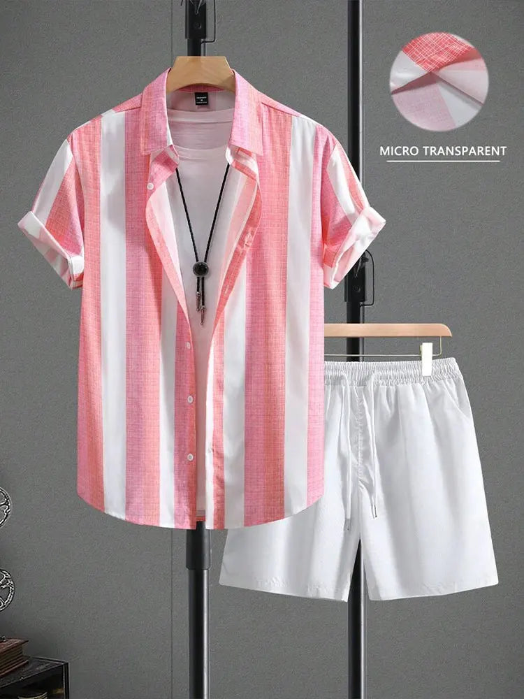 Set New Palm Leaf Print Men's Casual Shirt Hawaiian Men's Beach Shorts Summer Everyday Short-sleeved Shirt And Sports Shorts Set - Ellianto fashion Men's