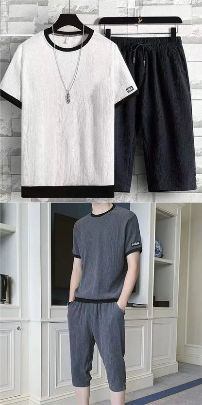 Ice Silk Men's Casual Sportswear Loose plus Size Summer Fashionable Short Sleeve Seven-Piece Pants Two-Piece Set - Ellianto fashion Men's
