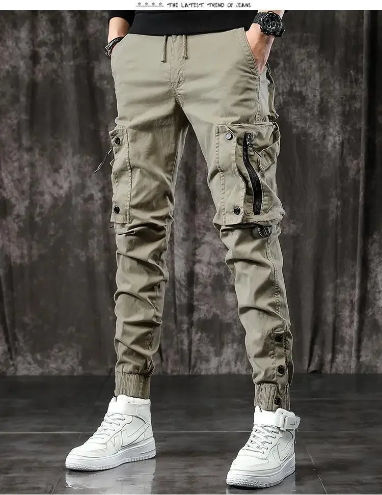 Trendy Men's Spring Autumn Cargo Pants Slim Fit Casual Style Loose Fit American Style Multiple Pocket Small Foot Pants Black - Ellianto fashion Men's