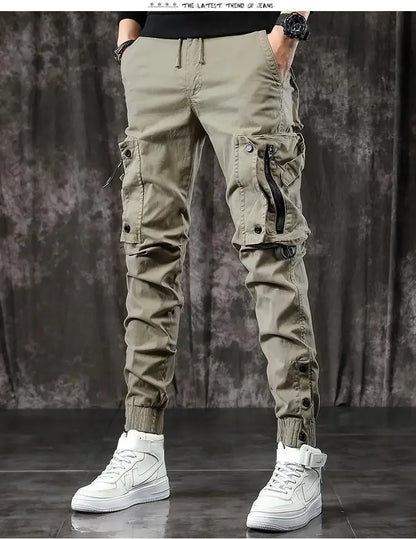 Trendy Men's Spring Autumn Cargo Pants Slim Fit Casual Style Loose Fit American Style Multiple Pocket Small Foot Pants Black - Ellianto fashion Men's