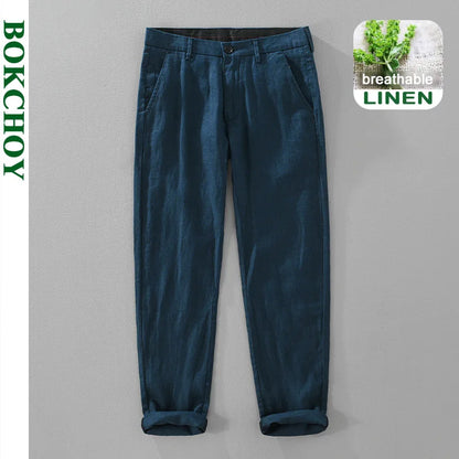 2025 Summer New Casual Pure Linen Slim Pants for Men Clothing Solid Color Slim-fit Straight Trousers EC8175 - Ellianto fashion Men's