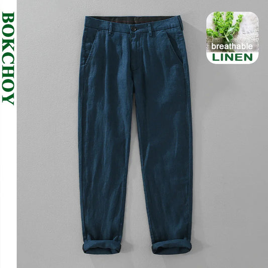 2025 Summer New Casual Pure Linen Slim Pants for Men Clothing Solid Color Slim-fit Straight Trousers EC8175 - Ellianto fashion Men's