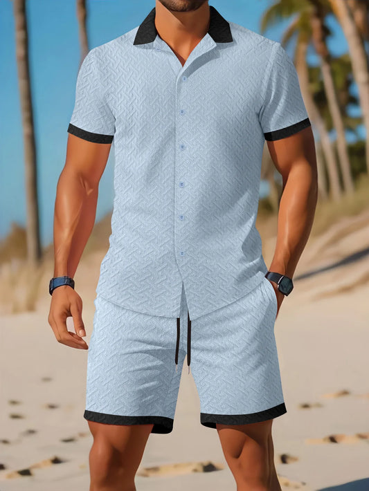 2025 New men's outdoor suit, casual jacquard collocation color lapel short-sleeved T-shirt fashion trend short-sleeved shorts suit - Ellianto fashion Men's