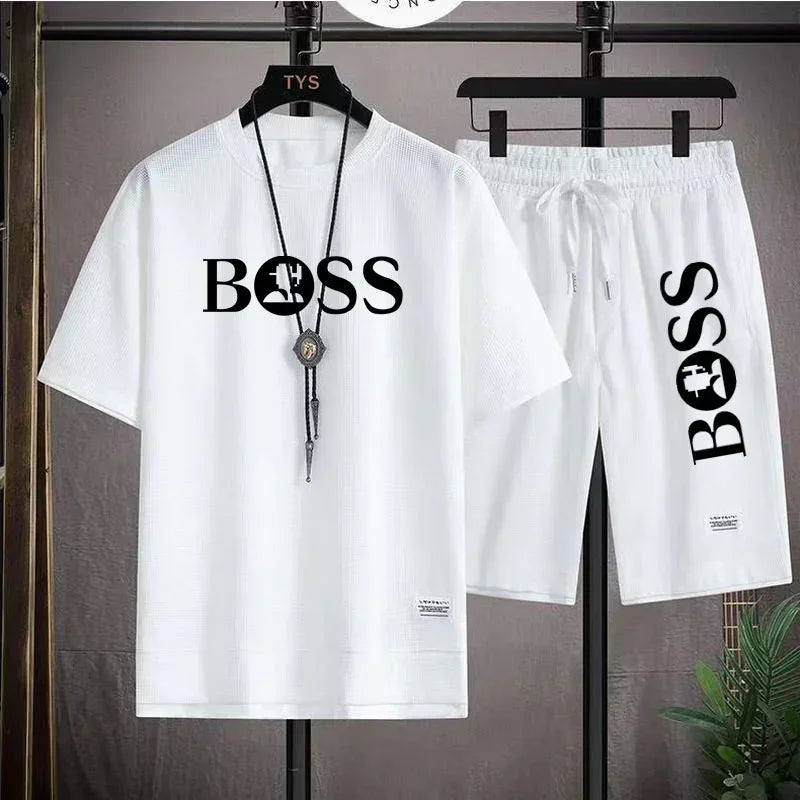 Men's luxury sportswear set casual fitness T-shirt and shorts 2-piece set with short sleeves summer 2025 - Ellianto fashion Men's