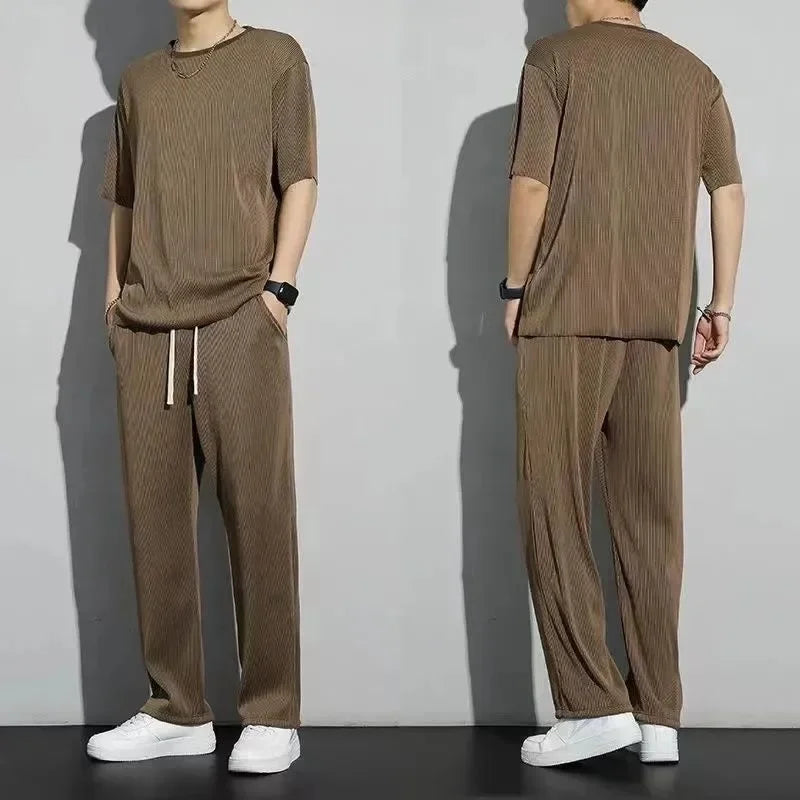 Casualsuit Ice Silk Sports Men's Summer Thin Short Sleeves T-shirt Quick Dry Long Pants Matching Half Sleeve Clothes Set - Ellianto fashion Men's