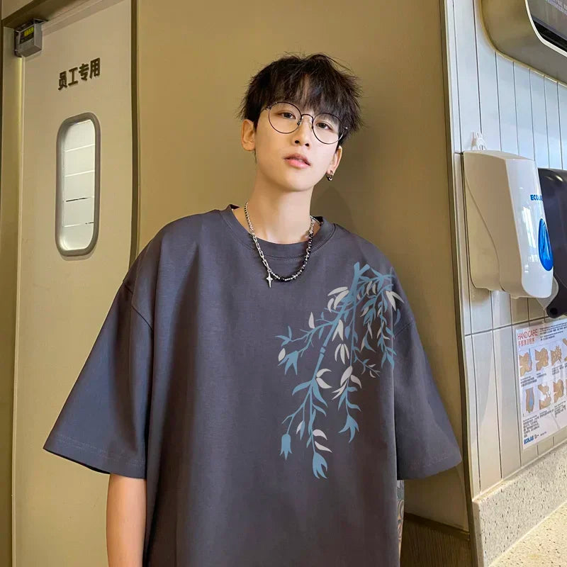 Men's Oversized T-shirts Mens Cotton T Shirt White 5XL Casual Summer Wear Fashion Bamboo Print Tee Shirts for Men Clothing - Ellianto fashion Men's