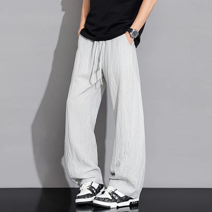 Men’s Thin Ice Silk Linen Casual Pants – Lightweight Wide-Leg Trousers with Drawstring, Straight Baggy Fit, and Elastic Waist for Effortless Comfort