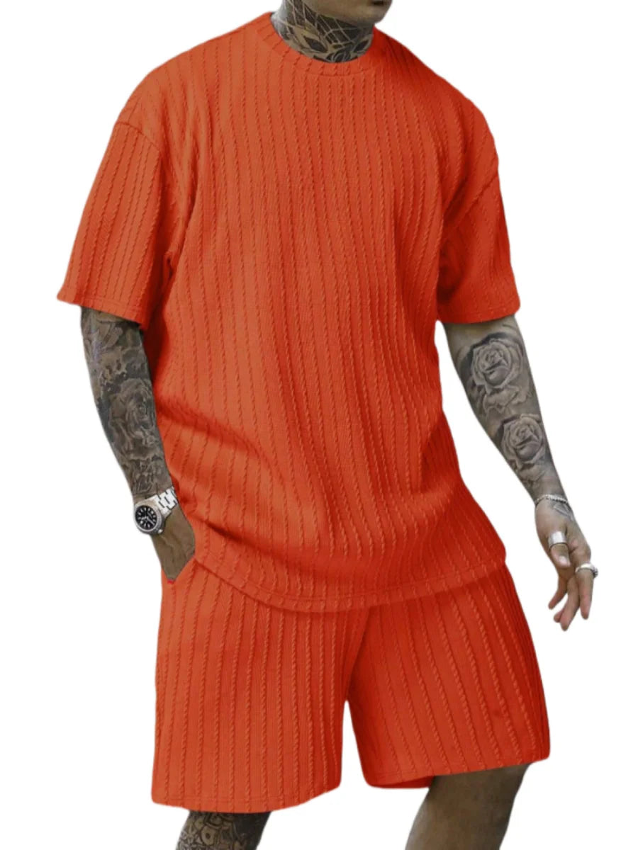 New men's sporty solid-color round-neck pullover vertical striped T-shirt, shorts and short sleeves two-piece casual set 2025 - Ellianto fashion Men's