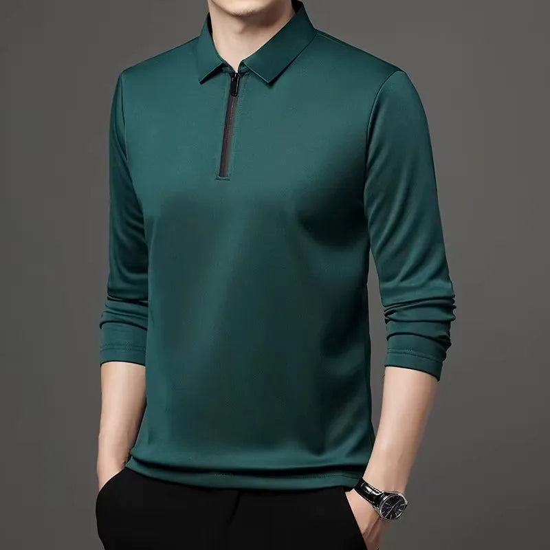 New T Shirt Zipper Polo Shirt Male Fashion Turn-Down Collar Long Sleeve Business Men Clothes - Ellianto fashion Men's