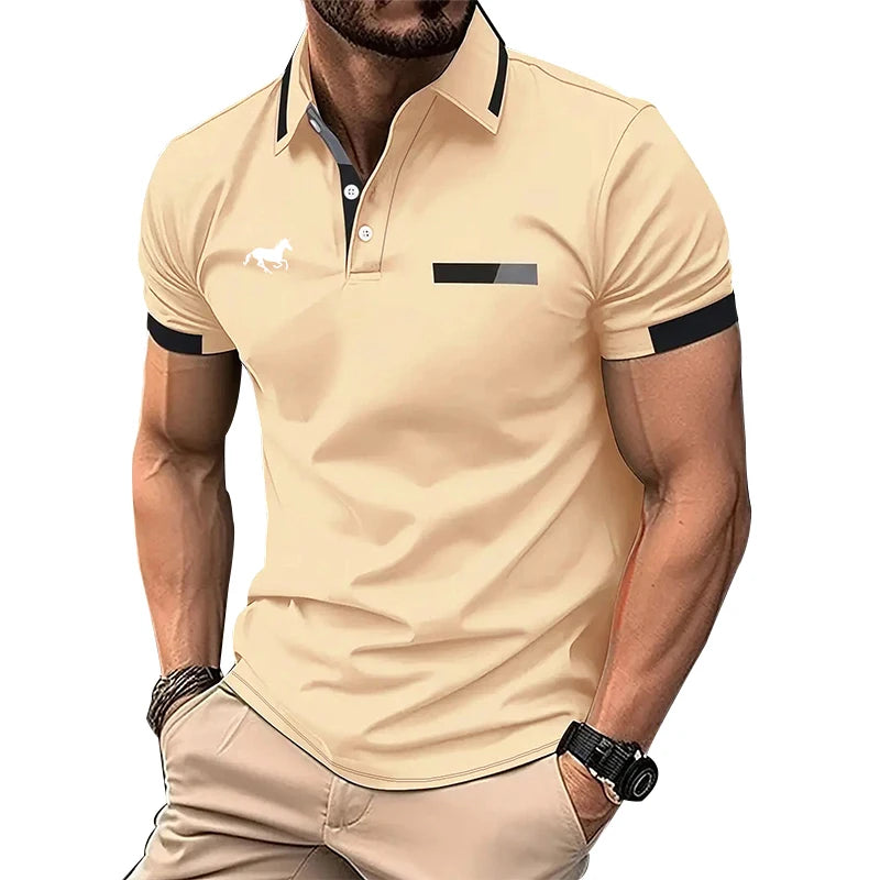 100% Polyester Men Summer Short Sleeve Fashion Lapel Business Casual Polo Shirt Men Slim Pure Color Golf Polo Shirt Tops . - Ellianto fashion Men's