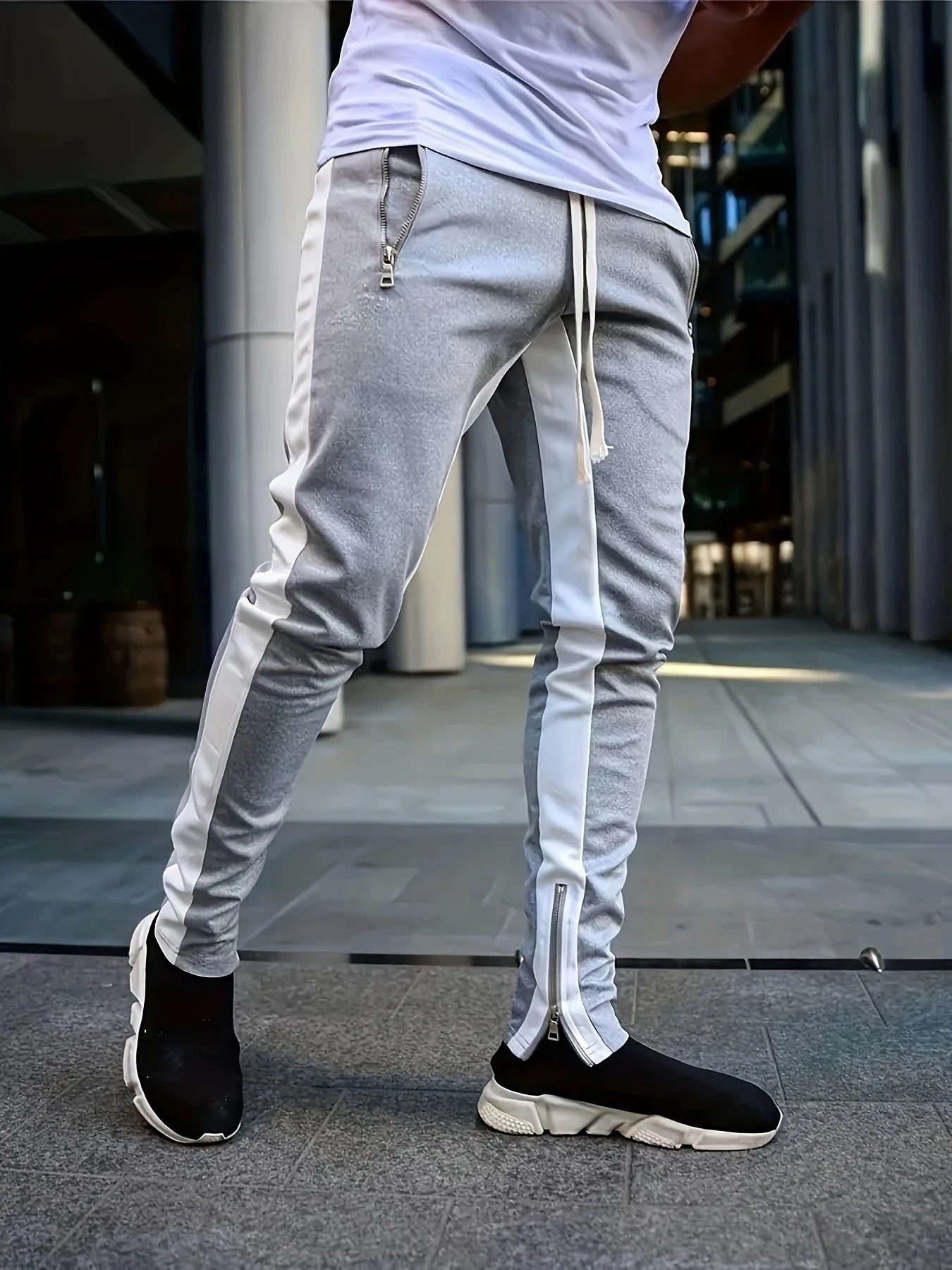 Men Sweatshirts Jogging Pants Men Casual Pants Men Stylish Color Block Zip Pockets Drawstring Sports Skinny Pants Trousers Pants - Ellianto fashion Men's