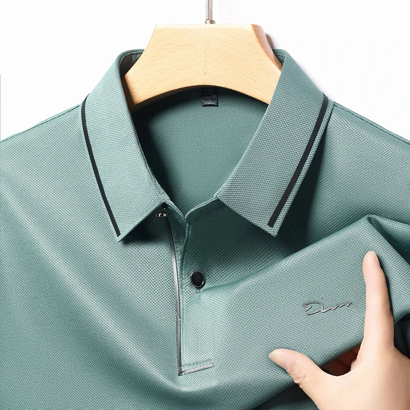 New Men's Business Casual Long Sleeved Shirt with Badge Solid Color Polo Shirt Fashionable Breathable Comfortable Versatile Top - Ellianto fashion Men's