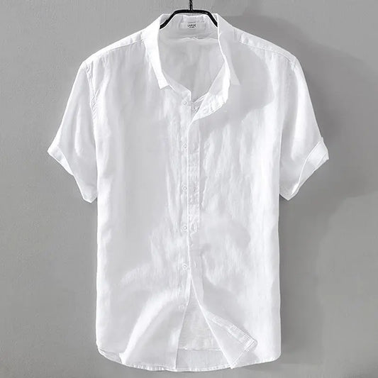 Summer Henry V Neck Button Down Shirt Soft and Comfortable Men's Casual Hawaiian Shirt Solid Color White Black - Ellianto fashion Men's