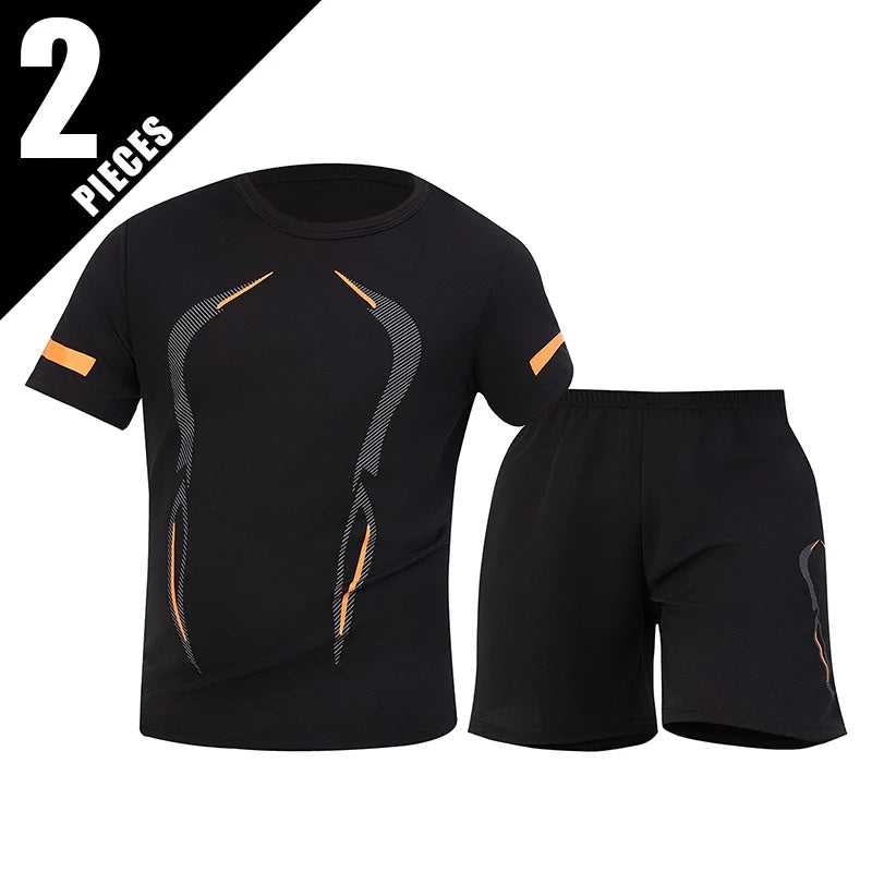 2 Pcs Men's Mesh Breathable Quick-drying Sports Suit Loose Plus Size Running Fitness Mountaineering Casual Short-sleeved Shorts