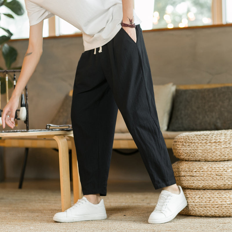 Men's Trousers Cotton Linen Fashion Casual Pants Solid Color Breathable Loose Shorts Straight Drawstring Pants Streetwear Men - Ellianto fashion Men's