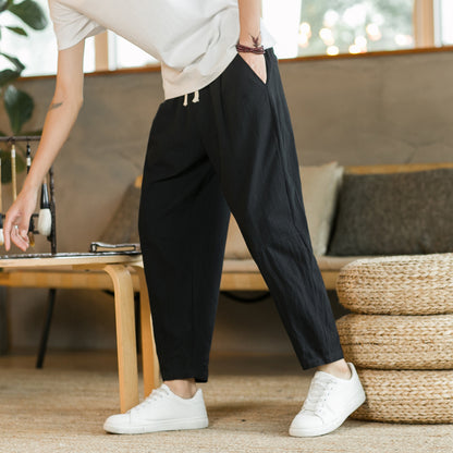Men's Trousers Cotton Linen Fashion Casual Pants Solid Color Breathable Loose Shorts Straight Drawstring Pants Streetwear Men - Ellianto fashion Men's