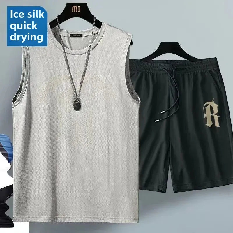 Ice Silk Men's Sports Set Quick Dry Basketball Uniform Summer Vest Shorts Gym Running One Piece Thin Male Fitness Outfit - Ellianto fashion Men's