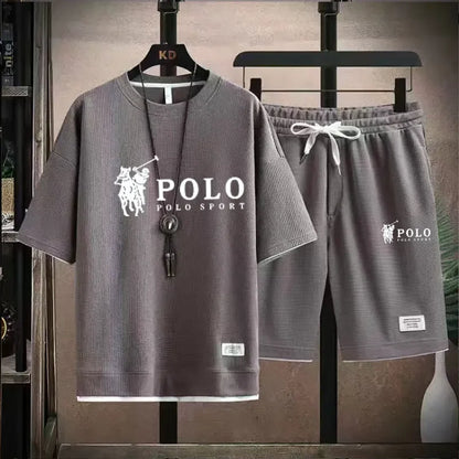 Set In the summer of 2025, a two-piece set of Korean-style men's short-sleeved T-shirt and sports shorts paired with casual sportswe - Ellianto fashion Men's