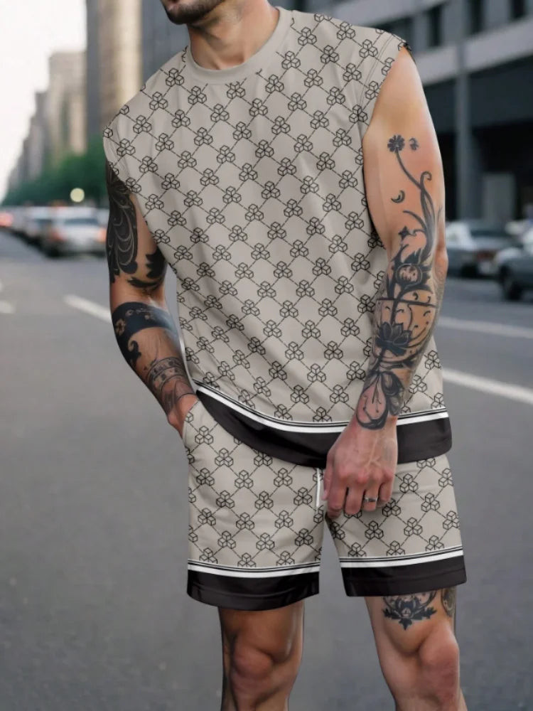 Set 2025 Man New Summer 2 Piece Matching Suits Men's All Graphic Printed Outfits Bohemian Beach Sleeveless Tank and Short Sets - Ellianto fashion Men's