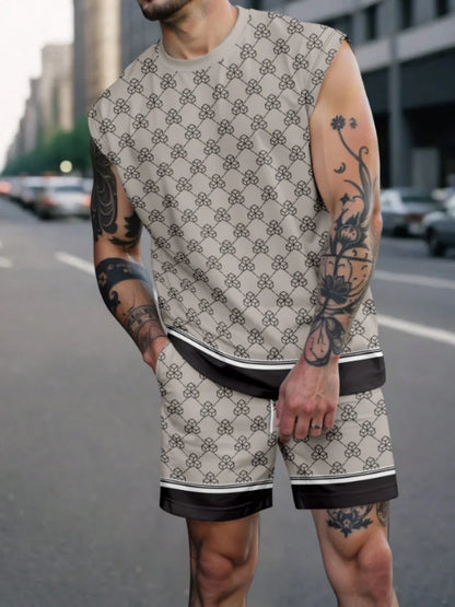 Set 2025 Man New Summer 2 Piece Matching Suits Men's All Graphic Printed Outfits Bohemian Beach Sleeveless Tank and Short Sets - Ellianto fashion Men's