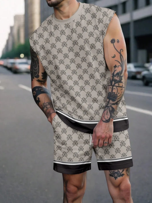 Set 2025 Man New Summer 2 Piece Matching Suits Men's All Graphic Printed Outfits Bohemian Beach Sleeveless Tank and Short Sets - Ellianto fashion Men's