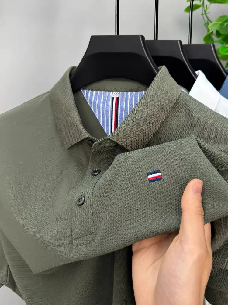High end summer ice silk breathable short sleeve POLO shirt men's fashion brand classic embroidery business casual Paul T-shirt - Ellianto fashion Men's