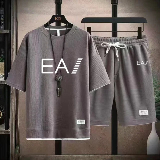Set A new summer European men's breathable waffle round-neck short-sleeved and jogging sports shorts digital printing two-piece set - Ellianto fashion Men's