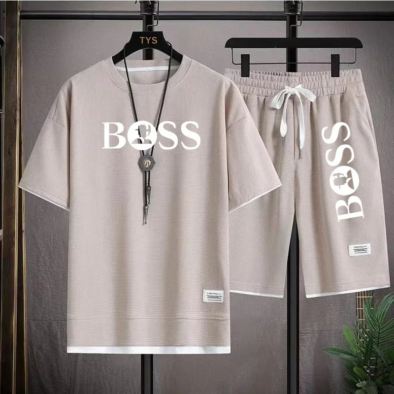 Men's luxury sportswear set casual fitness T-shirt and shorts 2-piece set with short sleeves summer 2025 - Ellianto fashion Men's