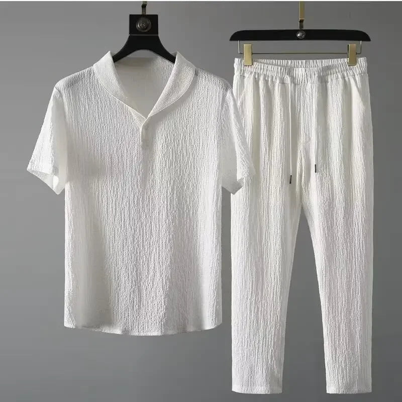 Summer Ultra-thin Five-piece Ice Silk Linen Suit Men's Cotton Linen 2-piece Set Loose-fit Mid-sleeve T-shirt Sports Wear - Ellianto fashion Men's