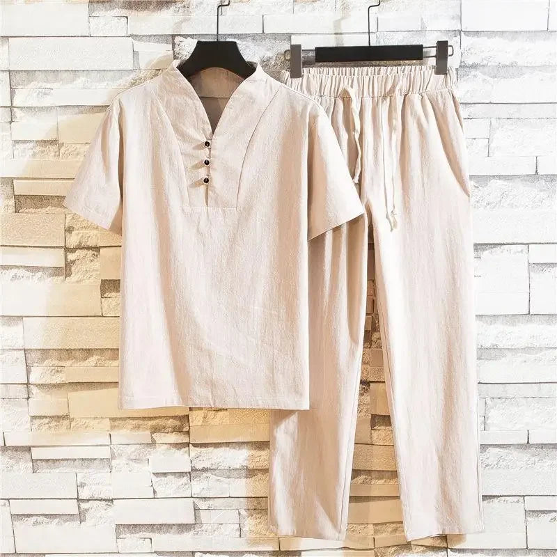 Linen Suit Men's Summer Short Sleeve Hanfu Ancient Buddhist System Zhenshi V-neck T-shirt Cotton Linen 2-piece Set - Ellianto fashion Men's
