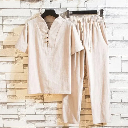 Linen Suit Men's Summer Short Sleeve Hanfu Ancient Buddhist System Zhenshi V-neck T-shirt Cotton Linen 2-piece Set - Ellianto fashion Men's