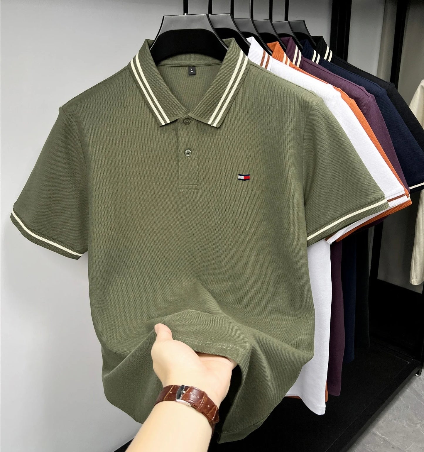 100% pure cotton summer men original embroidered short sleeved fashionable striped lapel shirt polo shirt breathable T-shirt top - Ellianto fashion Men's