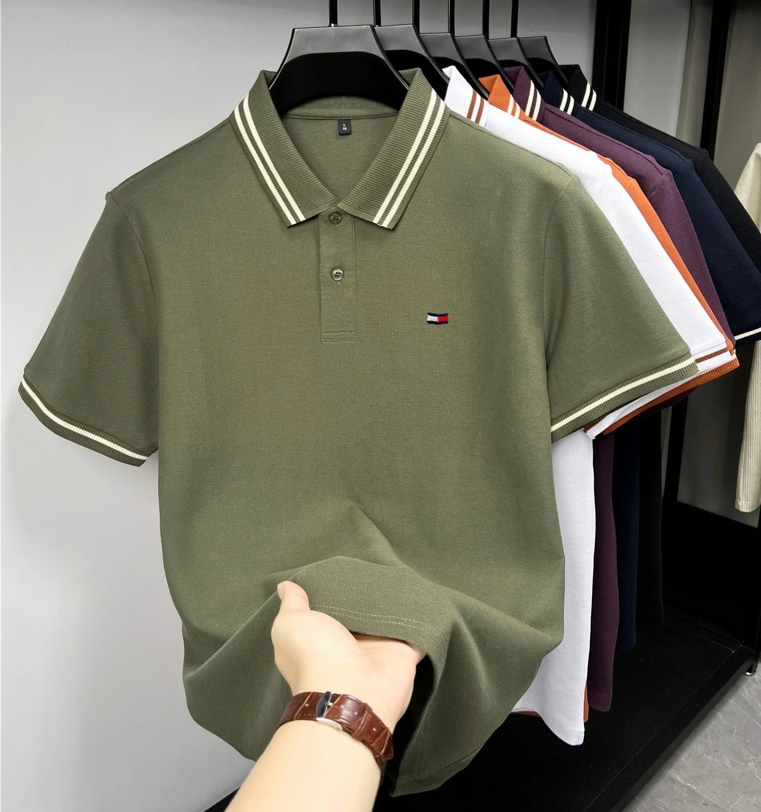 100% pure cotton summer men original embroidered short sleeved fashionable striped lapel shirt polo shirt breathable T-shirt top - Ellianto fashion Men's