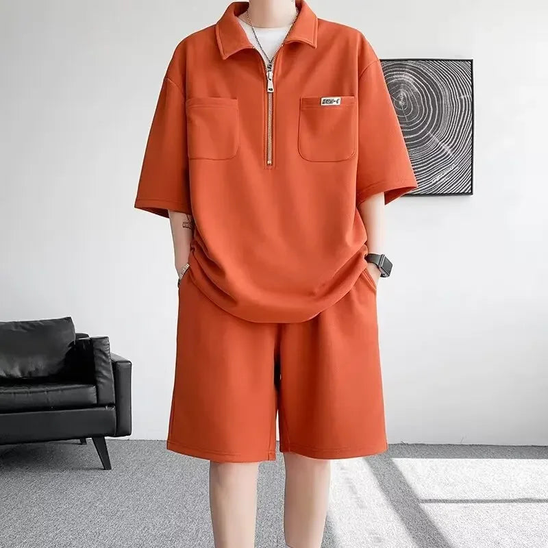 Ice Silk Short Sleeve Polo Shirt Men Summer Trendy Shorts Casual Sports Set Seven Half Zipper Comfortable Thin Male Clothing - Ellianto fashion Men's
