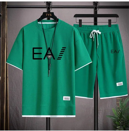Set A new summer European men's breathable waffle round-neck short-sleeved and jogging sports shorts digital printing two-piece set - Ellianto fashion Men's