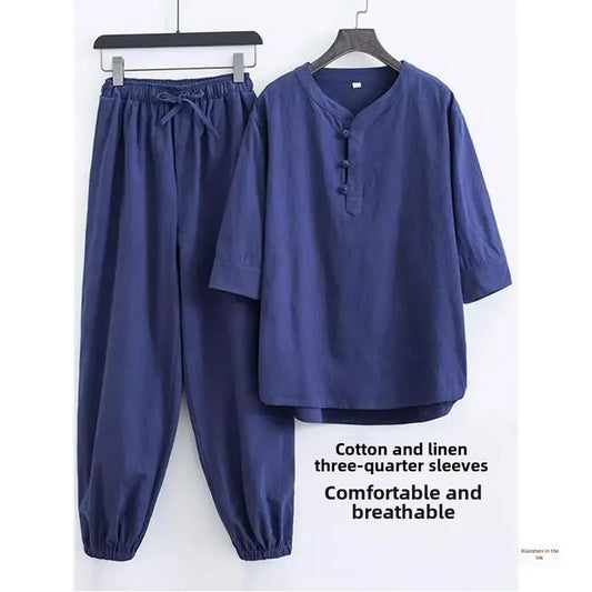 Men's Chinese Style Buddhist Zen Suit Cotton Linen Outfit For Paying Respect To Buddha Women's Version Zen Tang Costume - Ellianto fashion Men's
