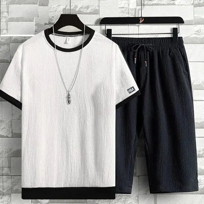 Ice Silk Men's Casual Sportswear Loose plus Size Summer Fashionable Short Sleeve Seven-Piece Pants Two-Piece Set - Ellianto fashion Men's