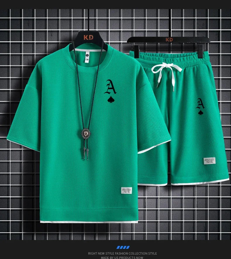 Set A stylish and casual men's sportswear set of short-sleeved T-shirt and summer sportswear shorts, a two-piece set for daily casua - Ellianto fashion Men's