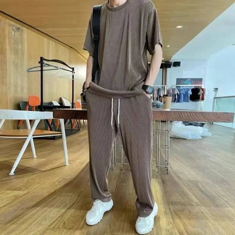 Casualsuit Ice Silk Sports Men's Summer Thin Short Sleeves T-shirt Quick Dry Long Pants Matching Half Sleeve Clothes Set - Ellianto fashion Men's