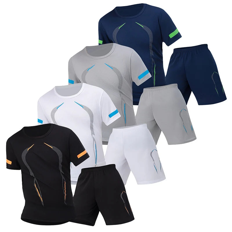 2 Pcs Men's Mesh Breathable Quick-drying Sports Suit Loose Plus Size Running Fitness Mountaineering Casual Short-sleeved Shorts