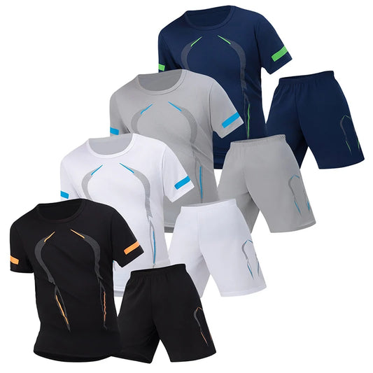 2 Pcs Men's Mesh Breathable Quick-drying Sports Suit Loose Plus Size Running Fitness Mountaineering Casual Short-sleeved Shorts
