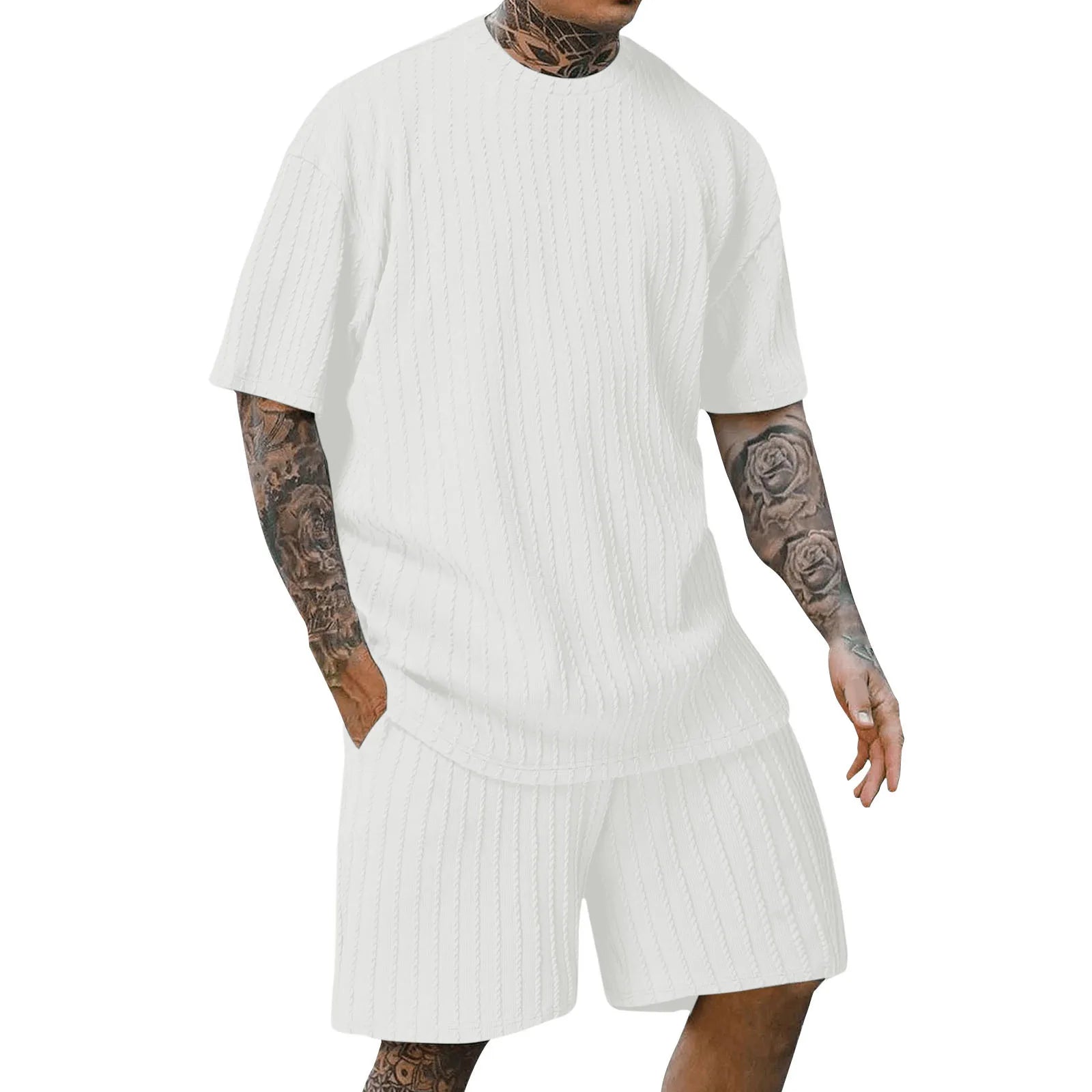 New men's sporty solid-color round-neck pullover vertical striped T-shirt, shorts and short sleeves two-piece casual set 2025 - Ellianto fashion Men's
