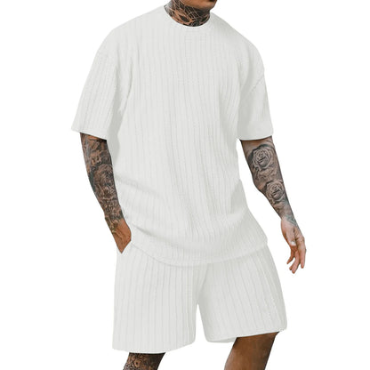 New men's sporty solid-color round-neck pullover vertical striped T-shirt, shorts and short sleeves two-piece casual set 2025 - Ellianto fashion Men's