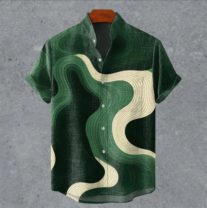 Art retro vintage men's shirt with mottled marks, standing collar printed short sleeved shirt, casual and comfortable top S-5XL - Ellianto fashion Men's